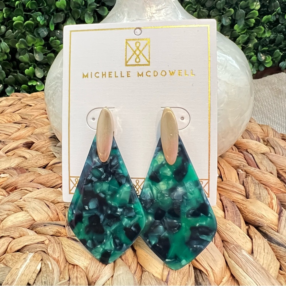 New Michelle McDowell Acrylic Earrings Emerald Green and Gold Post Back